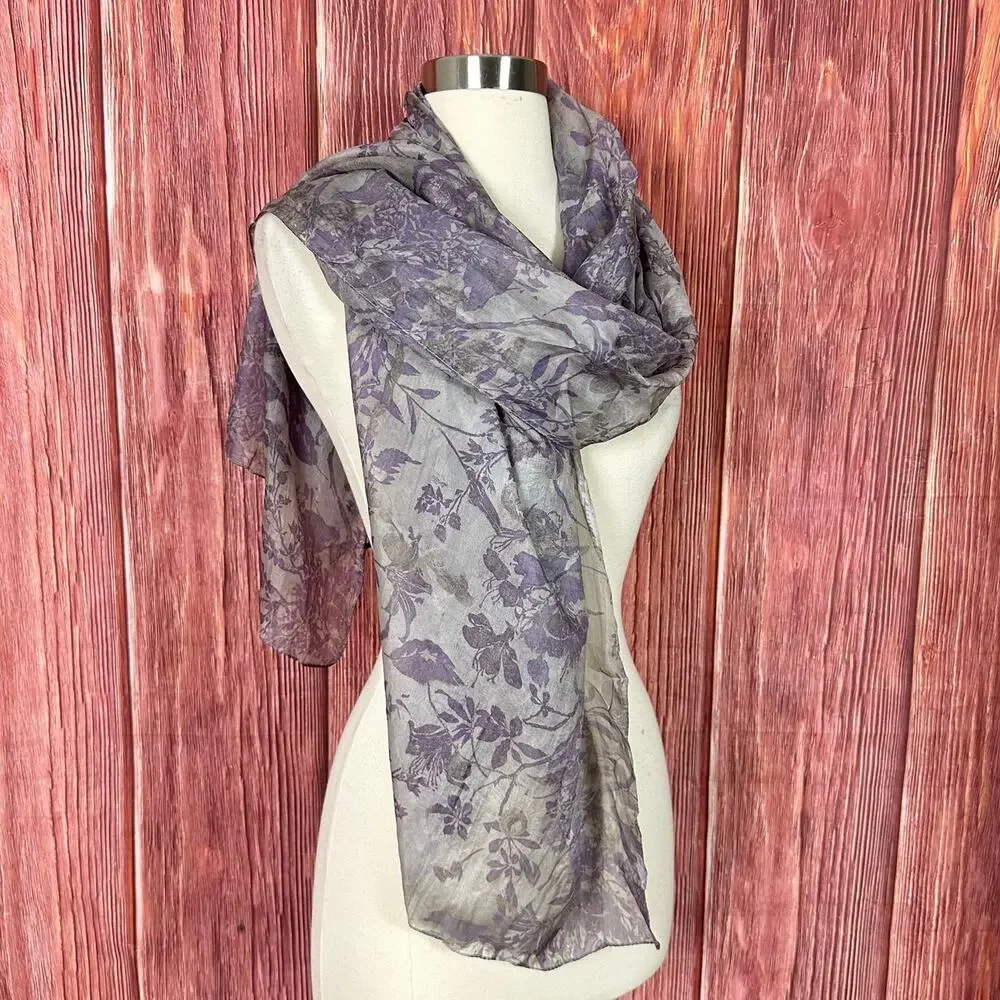 Peruvian Connection Scarf Shawl Floral Botanical Print 100% Silk Purple 29x67 in
